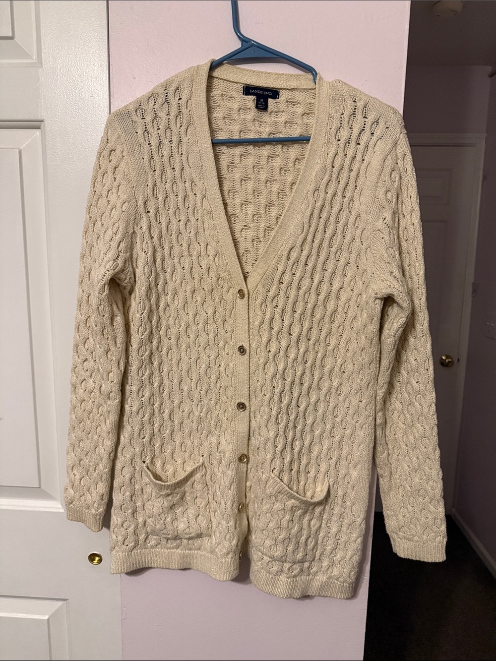 Lands' End Cream Cable-Knit V-Neck Button Cardigan
